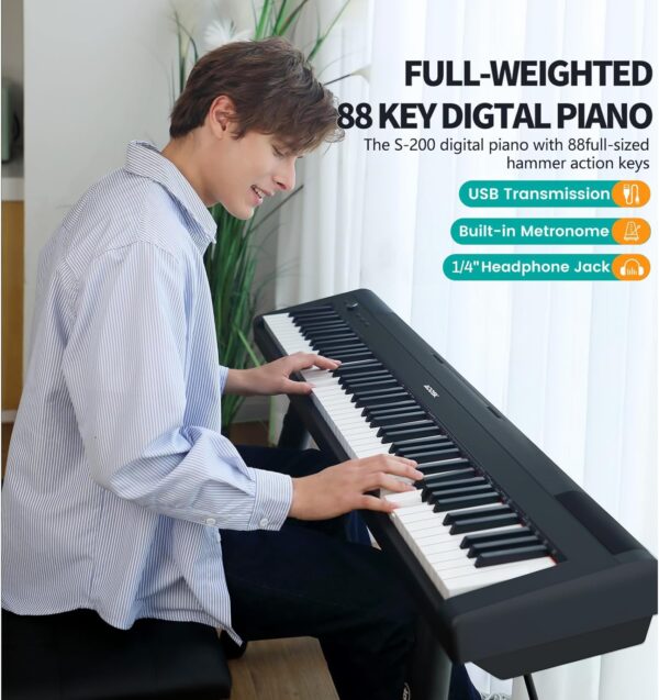 AODSK S-200 88-Key Weighted Digital Piano, Hammer Action, Black, with Sustain Pedal & Stereo Speakers, USB Connectivity, Portable for All Skill Levels - Image 2