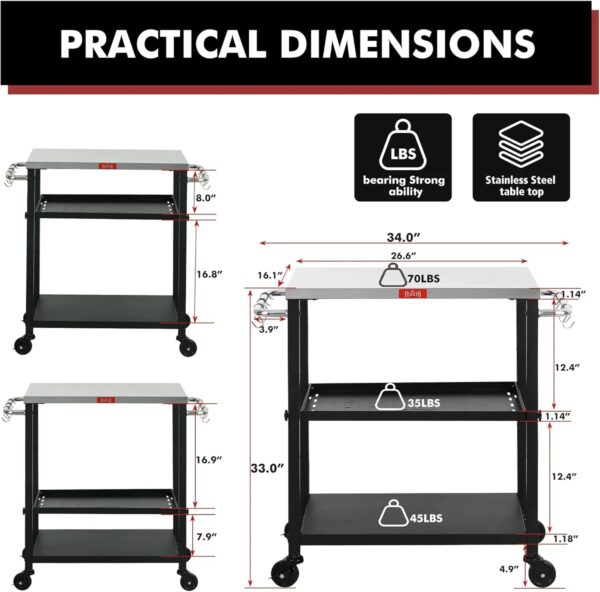 Adjustable 3-Shelf Indoor & Outdoor Grill Table | Portable Work Table with Stainless Steel Tabletop - Image 2