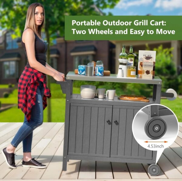 "Portable Outdoor Grill Prep Table with Storage, Stainless-Steel Tabletop, BBQ Cart with Wheels and Side Shelf | Gray" - Image 10