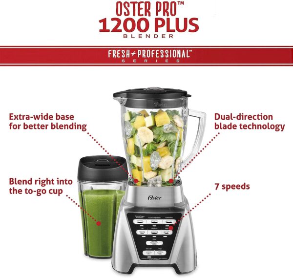 Oster Pro 1200 Blender, 6-Cup Glass Jar, 24-Ounce Smoothie Cup, 7 Speeds, Brushed Nickel - Image 2
