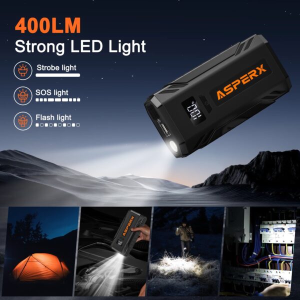 ASPERX AX2000 Car Jump Starter 2000A Peak for 8.0L Gas/6.5L Diesel, 12V Battery Booster with LED Light & Power Bank - Image 3
