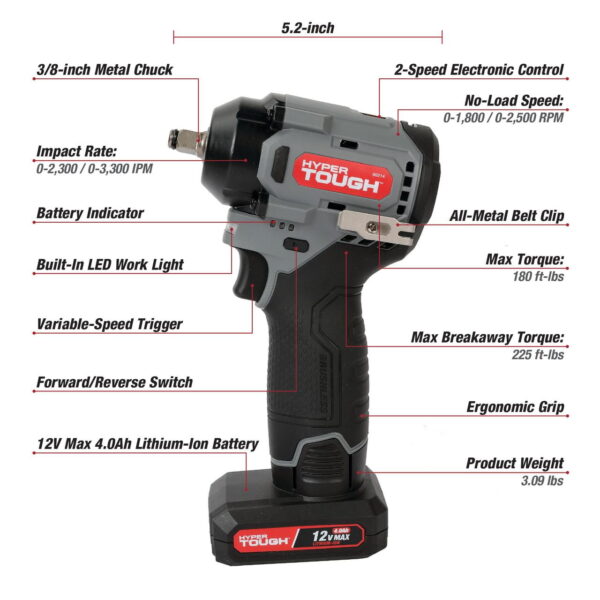 Hyper Tough 12V Cordless Brushless Impact Wrench, 225 ft-lbs Torque, 4.0Ah Battery & Charger Included, 3/8′′ Drive - Image 3