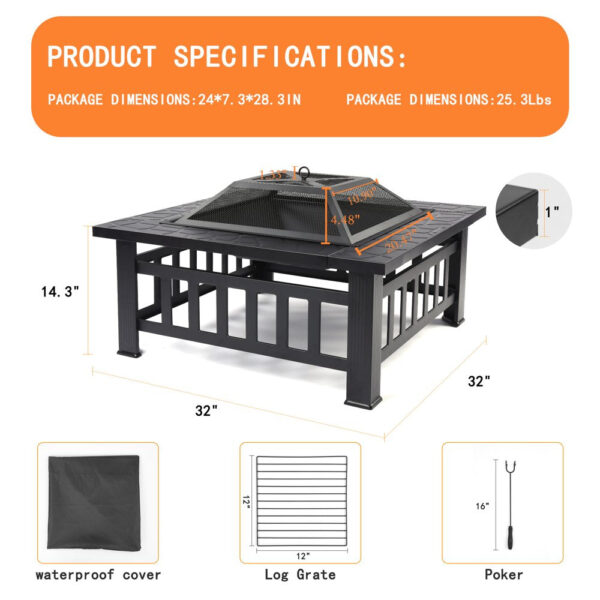 Uhomepro 32" Wood Burning Fire Pit Tables with Screen Lid, Poker, BBQ Net, Ice Tray, Food Clip and Cover - Image 10