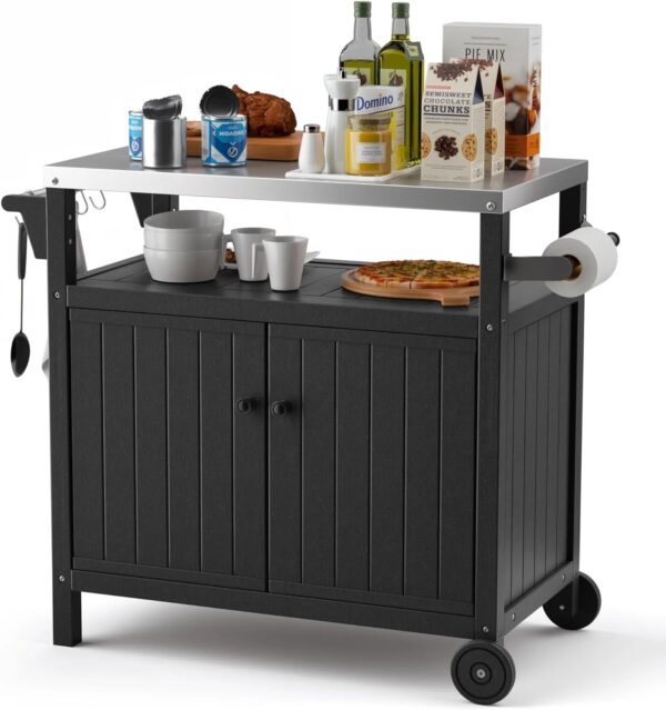 "Portable Outdoor Grill Prep Table with Storage, Stainless-Steel Tabletop, BBQ Cart with Wheels and Side Shelf | Gray" - Image 3