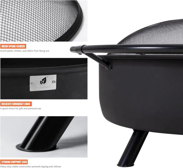 SUNCREAT 42′′ Alloy Steel Outdoor Fire Pit, Wood Burning with Spark Screen & Poker, Black, Round Garden Fireplace - Image 5