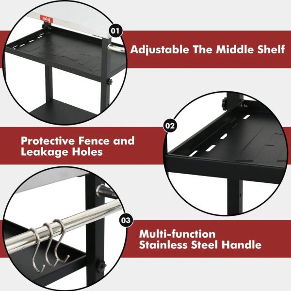 Adjustable 3-Shelf Indoor & Outdoor Grill Table | Portable Work Table with Stainless Steel Tabletop - Image 6