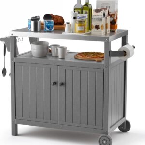 "Portable Outdoor Grill Prep Table with Storage, Stainless-Steel Tabletop, BBQ Cart with Wheels and Side Shelf | Gray"