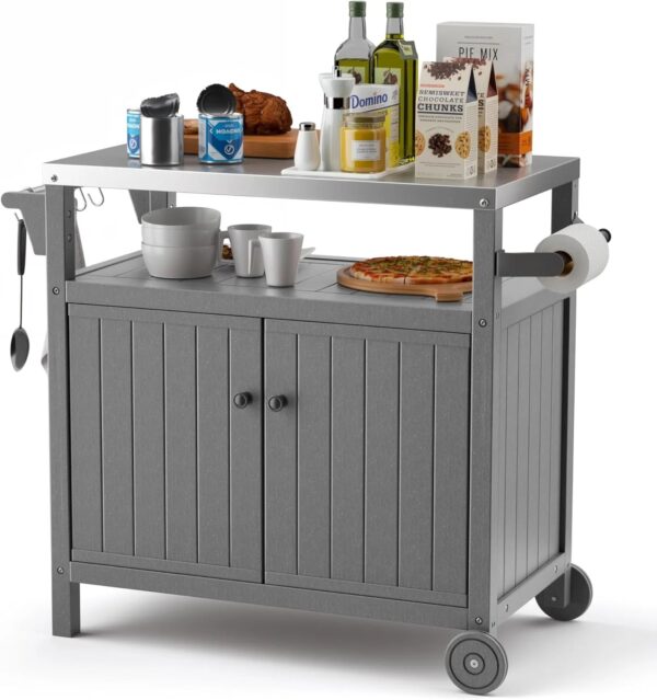 "Portable Outdoor Grill Prep Table with Storage, Stainless-Steel Tabletop, BBQ Cart with Wheels and Side Shelf | Gray"
