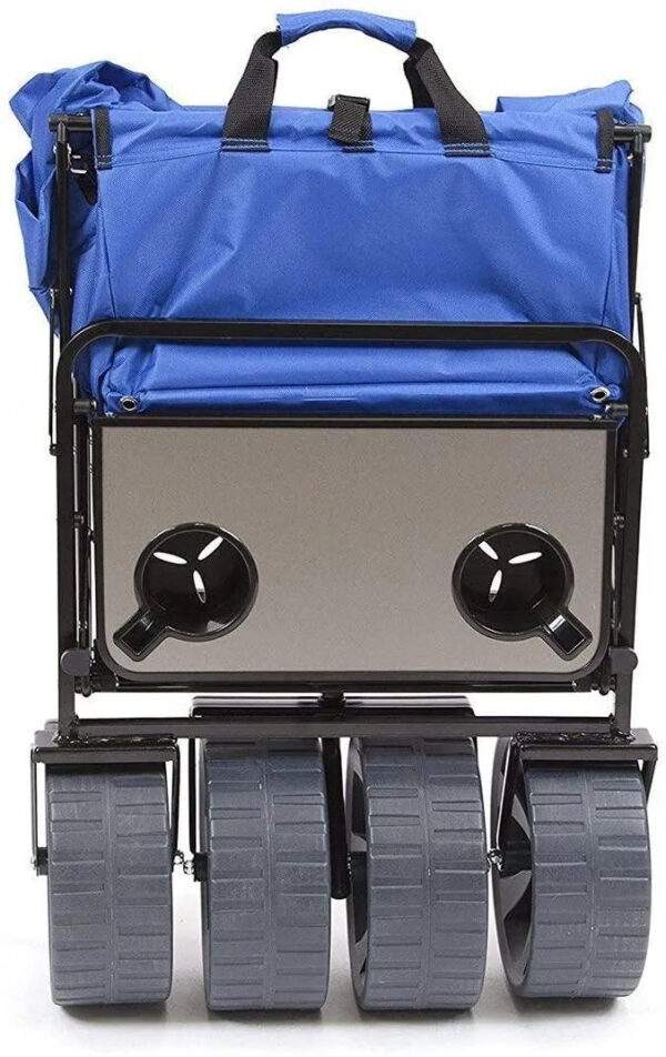 MacSports All Terrain Beach Wagon with Side Table|Heavy Duty Collapsible Folding Cart with Large Wheels for Beach Day, Picnic, Camping, Outdoor Activities | Blue/White - Image 3