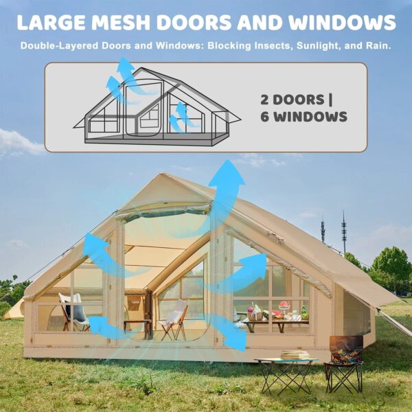 6 Person Inflatable Camping Tent with Pump, 10ft x7ft Glamping Family Tent Easy Setup 4 Season Waterproof Windproof Outdoor Blow Up Tent Luxury Oxford Cabin with Mesh Windows & Doors - Image 4