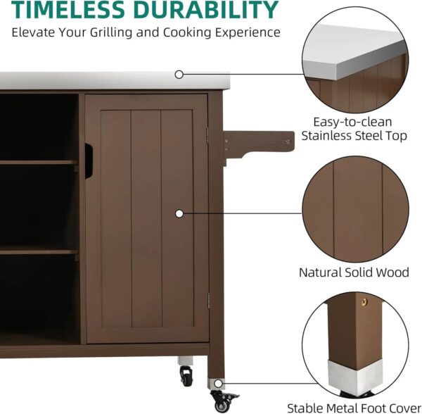 "XL Solid Wood Grill Cart Outdoor Storage Cabinet, Stainless Steel Top, Spice Rack, Side Handle, Brown" - Image 8