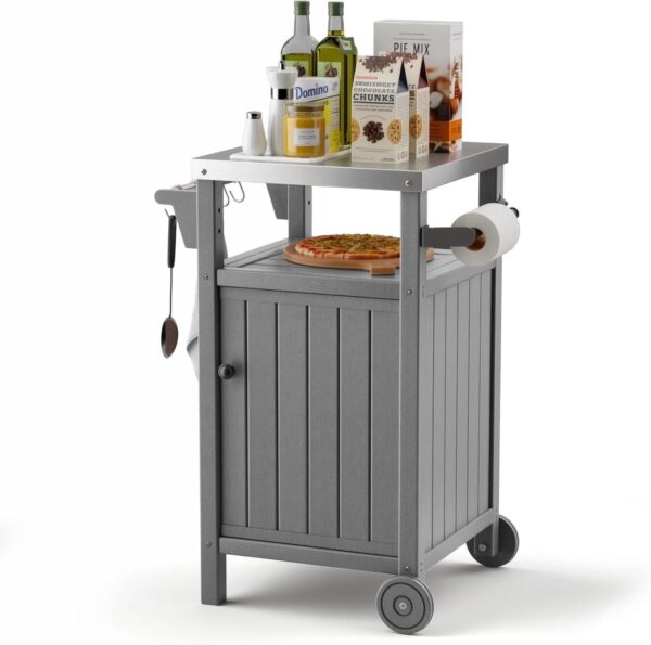"Portable Outdoor Grill Prep Table with Storage, Stainless-Steel Tabletop, BBQ Cart with Wheels and Side Shelf | Gray" - Image 7