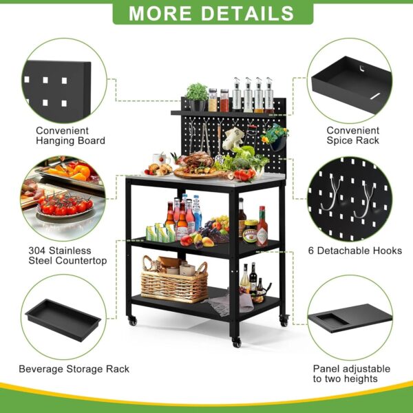 304 Stainless Steel Outdoor Grill Cart with Wheels | Movable BBQ Cart with Pegboard - Image 4