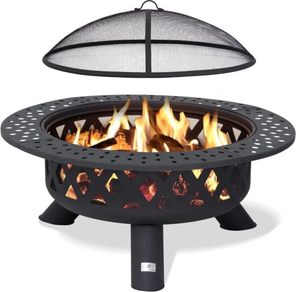 SUNCREAT 42′′ Alloy Steel Outdoor Fire Pit, Wood Burning with Spark Screen & Poker, Black, Round Garden Fireplace - Image 6