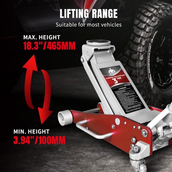 Aluminum and Steel Car Jack, 3 Ton (6,600 LBs) Hydraulic Floor Jack with Dual Piston Quick Lift Pump, Lifting Range 3-15/16" min to 18-5/16" max, Red - Image 23
