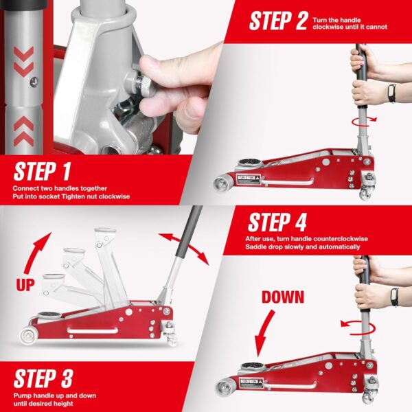 Aluminum and Steel Car Jack, 3 Ton (6,600 LBs) Hydraulic Floor Jack with Dual Piston Quick Lift Pump, Lifting Range 3-15/16" min to 18-5/16" max, Red - Image 26