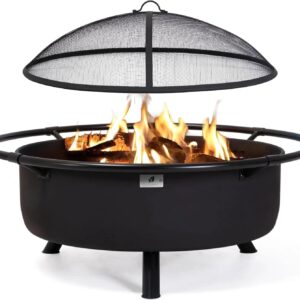 SUNCREAT 42′′ Alloy Steel Outdoor Fire Pit, Wood Burning with Spark Screen & Poker, Black, Round Garden Fireplace