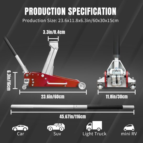 Aluminum and Steel Car Jack, 3 Ton (6,600 LBs) Hydraulic Floor Jack with Dual Piston Quick Lift Pump, Lifting Range 3-15/16" min to 18-5/16" max, Red - Image 21