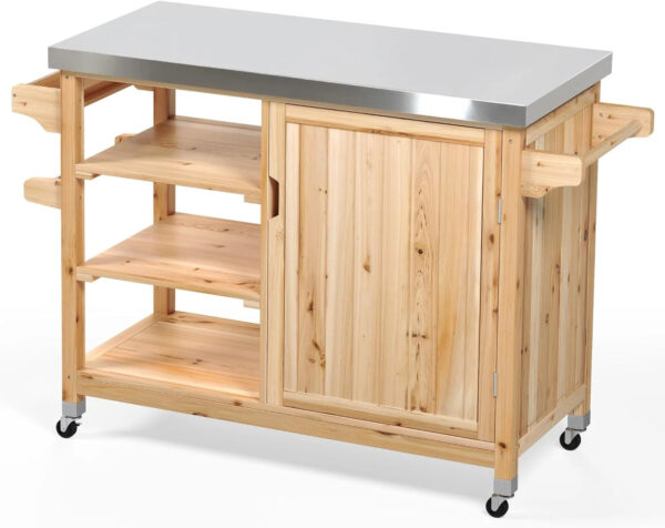 "XL Solid Wood Grill Cart Outdoor Storage Cabinet, Stainless Steel Top, Spice Rack, Side Handle, Brown" - Image 5