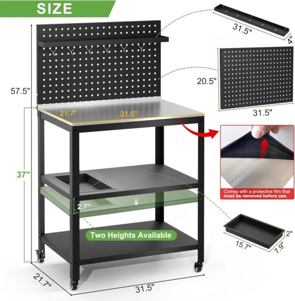 304 Stainless Steel Outdoor Grill Cart with Wheels | Movable BBQ Cart with Pegboard - Image 3
