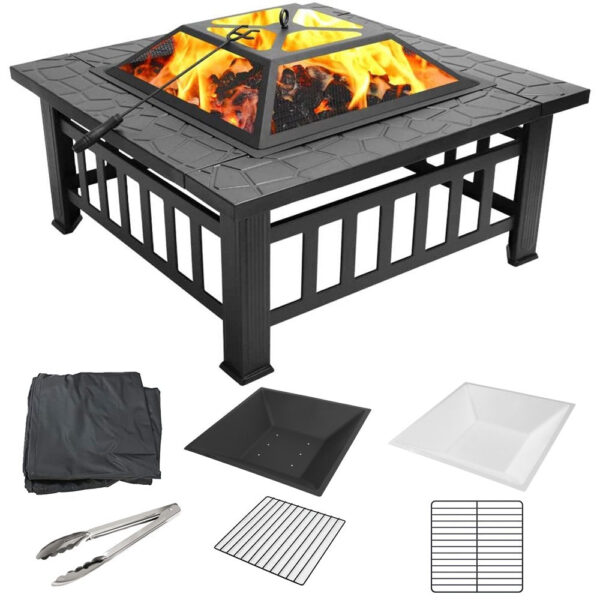 Uhomepro 32" Wood Burning Fire Pit Tables with Screen Lid, Poker, BBQ Net, Ice Tray, Food Clip and Cover - Image 3