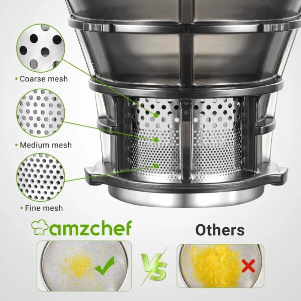 AMZCHEF SJ-036 Masticating Juicer, 250W, Silver, 1.8L Capacity, Self-Feeding, BPA-Free, High Juice Yield, Easy Clean, Cold Press Electric Juicer - Image 4
