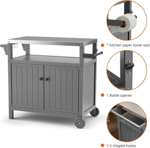 "Portable Outdoor Grill Prep Table with Storage, Stainless-Steel Tabletop, BBQ Cart with Wheels and Side Shelf | Gray" - Image 9