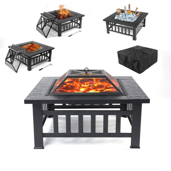 Uhomepro 32" Wood Burning Fire Pit Tables with Screen Lid, Poker, BBQ Net, Ice Tray, Food Clip and Cover - Image 2
