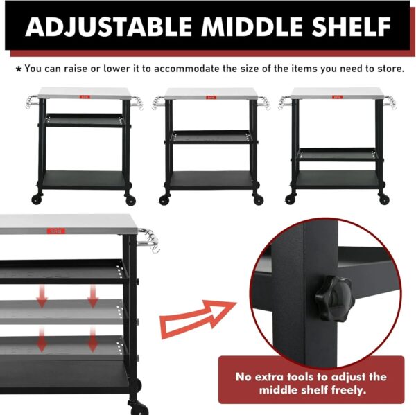 Adjustable 3-Shelf Indoor & Outdoor Grill Table | Portable Work Table with Stainless Steel Tabletop - Image 3