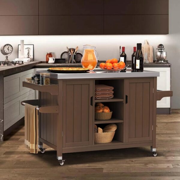 "XL Solid Wood Grill Cart Outdoor Storage Cabinet, Stainless Steel Top, Spice Rack, Side Handle, Brown" - Image 9