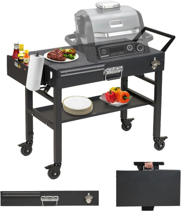 "Portable Stainless Steel Folding Grill Table with Wheels, 31"x 17" Large Space Grill Stand"