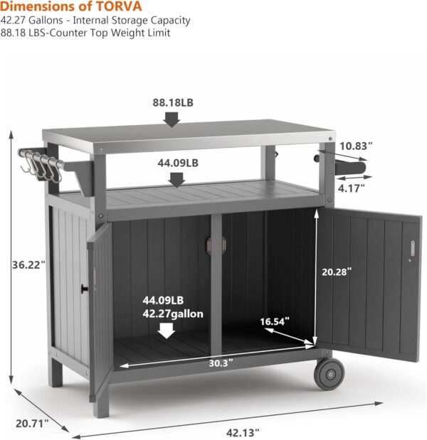 "Portable Outdoor Grill Prep Table with Storage, Stainless-Steel Tabletop, BBQ Cart with Wheels and Side Shelf | Gray" - Image 5