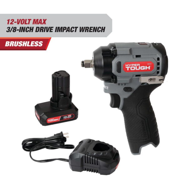 Hyper Tough 12V Cordless Brushless Impact Wrench, 225 ft-lbs Torque, 4.0Ah Battery & Charger Included, 3/8′′ Drive - Image 2