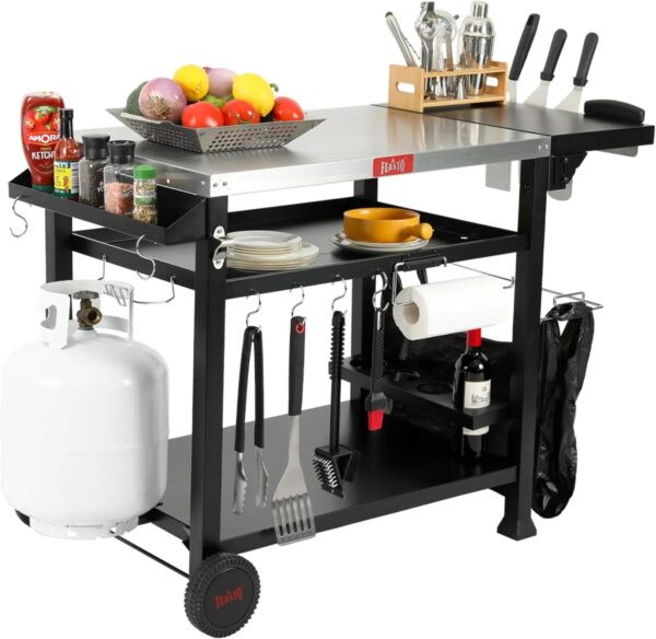 3-Shelf Outdoor Grill Table | Indoor & Outdoor Pizza Oven Station, Movable Prep Table