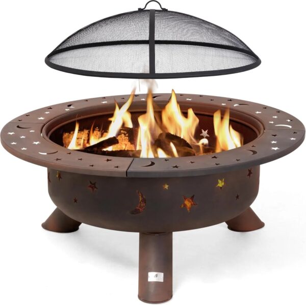 SUNCREAT 42′′ Alloy Steel Outdoor Fire Pit, Wood Burning with Spark Screen & Poker, Black, Round Garden Fireplace - Image 2