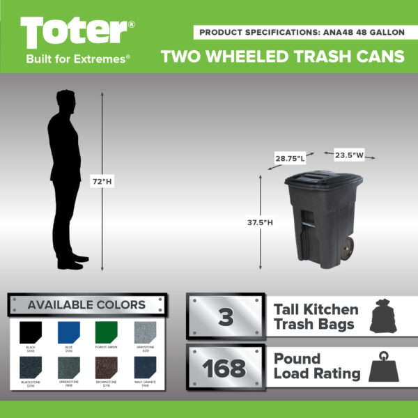 Toter 48 Gallon Durable Trash Can with Smooth Wheels & Lid, Green - Image 2