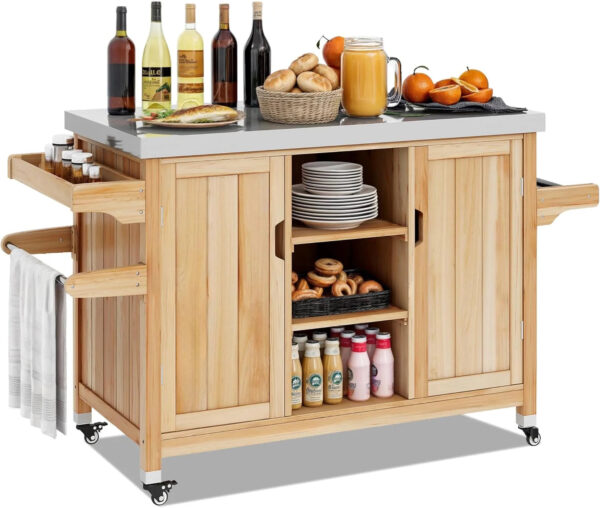 "XL Solid Wood Grill Cart Outdoor Storage Cabinet, Stainless Steel Top, Spice Rack, Side Handle, Brown" - Image 4