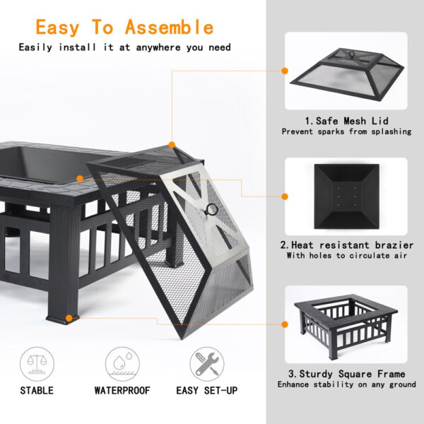 Uhomepro 32" Wood Burning Fire Pit Tables with Screen Lid, Poker, BBQ Net, Ice Tray, Food Clip and Cover - Image 8