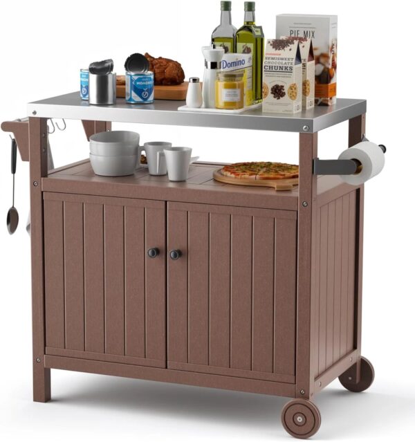 "Portable Outdoor Grill Prep Table with Storage, Stainless-Steel Tabletop, BBQ Cart with Wheels and Side Shelf | Gray" - Image 6