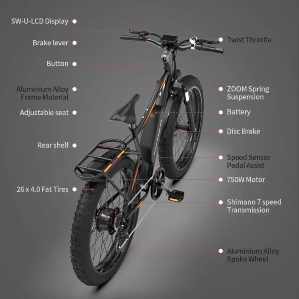 26 In.48V 13Ah 750W Mountain Electric Bikes for Adults Men, 26′′x4.0 Fat Tire Electric Bicycle 7 speeds Gear Outdoor Ebikes, Black,S48 - Image 3