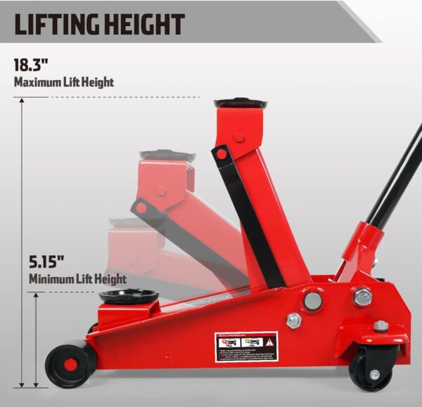 Aluminum and Steel Car Jack, 3 Ton (6,600 LBs) Hydraulic Floor Jack with Dual Piston Quick Lift Pump, Lifting Range 3-15/16" min to 18-5/16" max, Red - Image 36