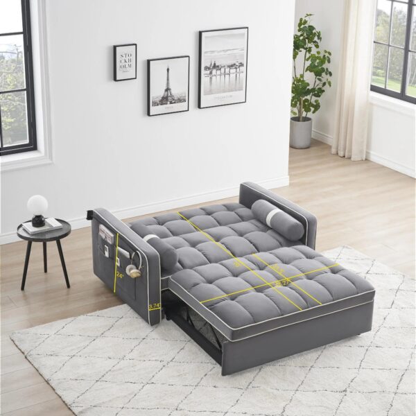 3 in 1 Sleeper Sofa Couch Bed,Small Tufted Velvet Convertible Loveseat Futon Sofa w/Pullout Bed,Adjustable Backrest,Cylinder Pillows,Multi-Pockets,Phone Holder for Living Room Apartment,Grey,55.5" - Image 2