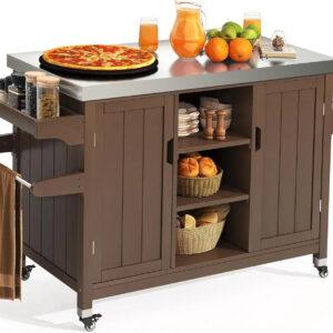 "XL Solid Wood Grill Cart Outdoor Storage Cabinet, Stainless Steel Top, Spice Rack, Side Handle, Brown"