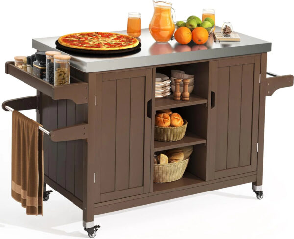 "XL Solid Wood Grill Cart Outdoor Storage Cabinet, Stainless Steel Top, Spice Rack, Side Handle, Brown"