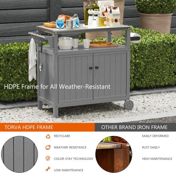 "Portable Outdoor Grill Prep Table with Storage, Stainless-Steel Tabletop, BBQ Cart with Wheels and Side Shelf | Gray" - Image 8