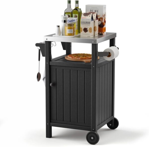 "Portable Outdoor Grill Prep Table with Storage, Stainless-Steel Tabletop, BBQ Cart with Wheels and Side Shelf | Gray" - Image 2