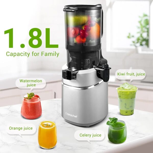 AMZCHEF SJ-036 Masticating Juicer, 250W, Silver, 1.8L Capacity, Self-Feeding, BPA-Free, High Juice Yield, Easy Clean, Cold Press Electric Juicer - Image 5