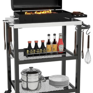 "Outdoor Grill Table with Hooks and Side Handle, Movable Prep Table for Pizza Oven and BBQ, Patio Garden Grill Cart, Silver and Black"