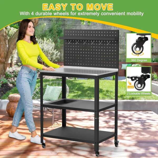 304 Stainless Steel Outdoor Grill Cart with Wheels | Movable BBQ Cart with Pegboard - Image 6