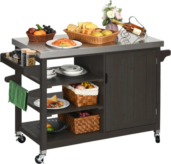 "XL Solid Wood Grill Cart Outdoor Storage Cabinet, Stainless Steel Top, Spice Rack, Side Handle, Brown" - Image 3
